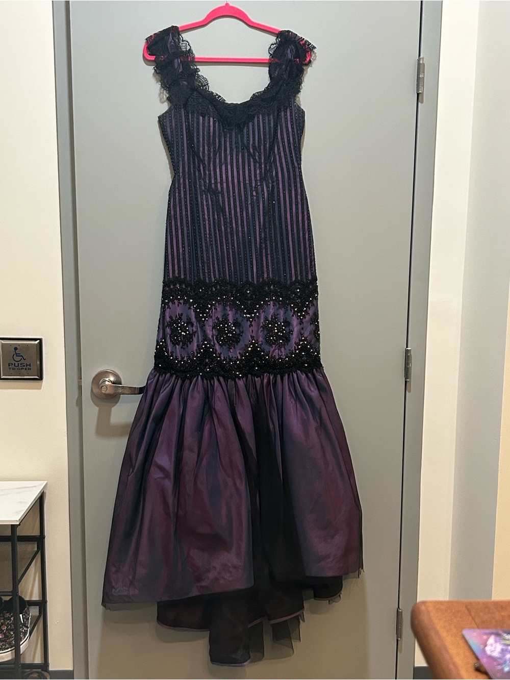 Ines Di Santo Black & Purple Beaded Lace-Trim Evening Dress